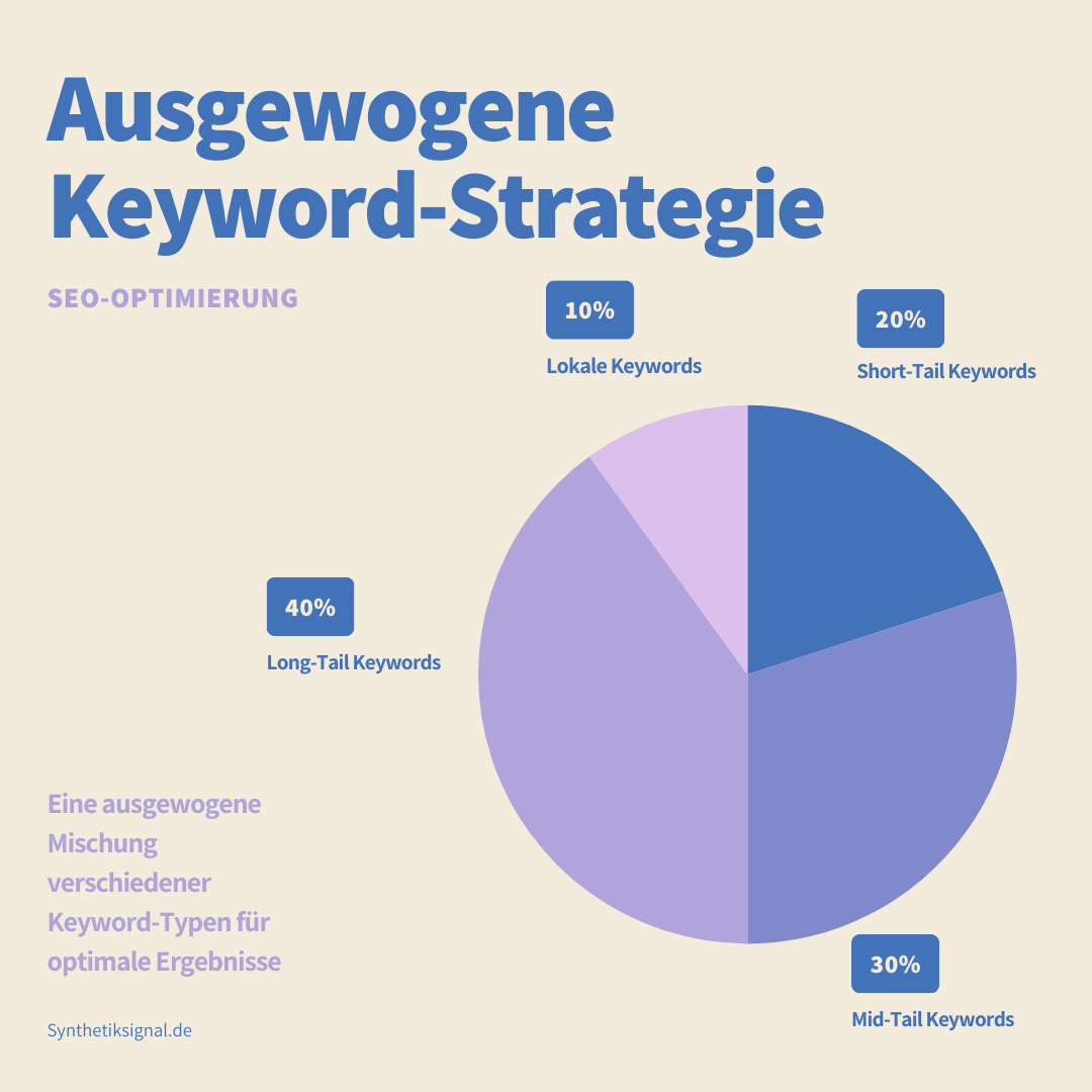 Keyword-Recherche: Der Schlüssel zum SEO-Erfolg 2 Tortendiagramm zeigt Verteilung verschiedener Keyword-Typen in einer ausgewogenen Strategie
